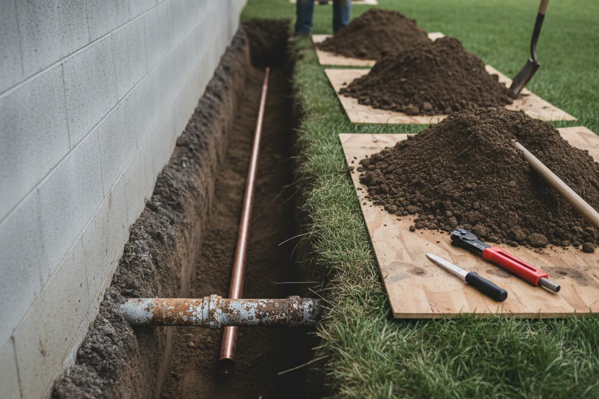Excavated water line trench during Sewer Line Repair in East Islip